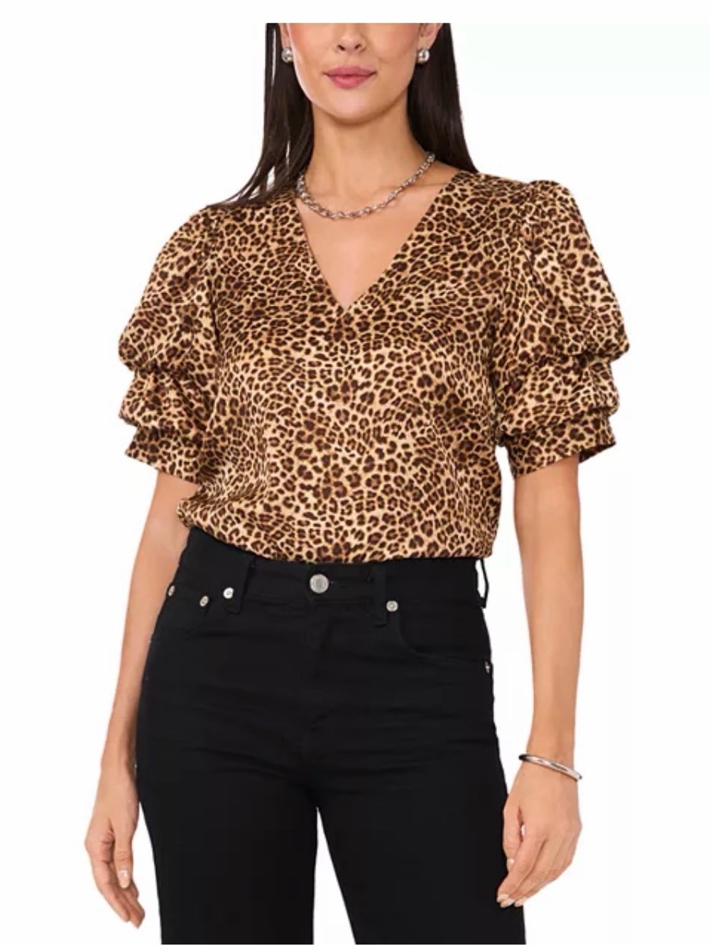 1.STATE Leopard Print V-Neck Puff Sleeve Blouse - Brown/Tan size XL